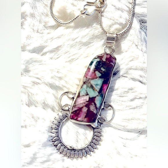 Ruby zoisite pendant sun rays 925 silver plated W/Sterlin Sil chain India Unisex - Picture 2 of 6